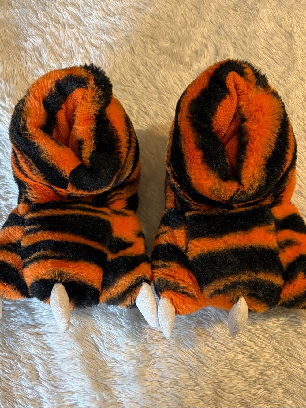 Plush Tiger Stripe Hooded Slippers with Claw Detail - Orange & Black